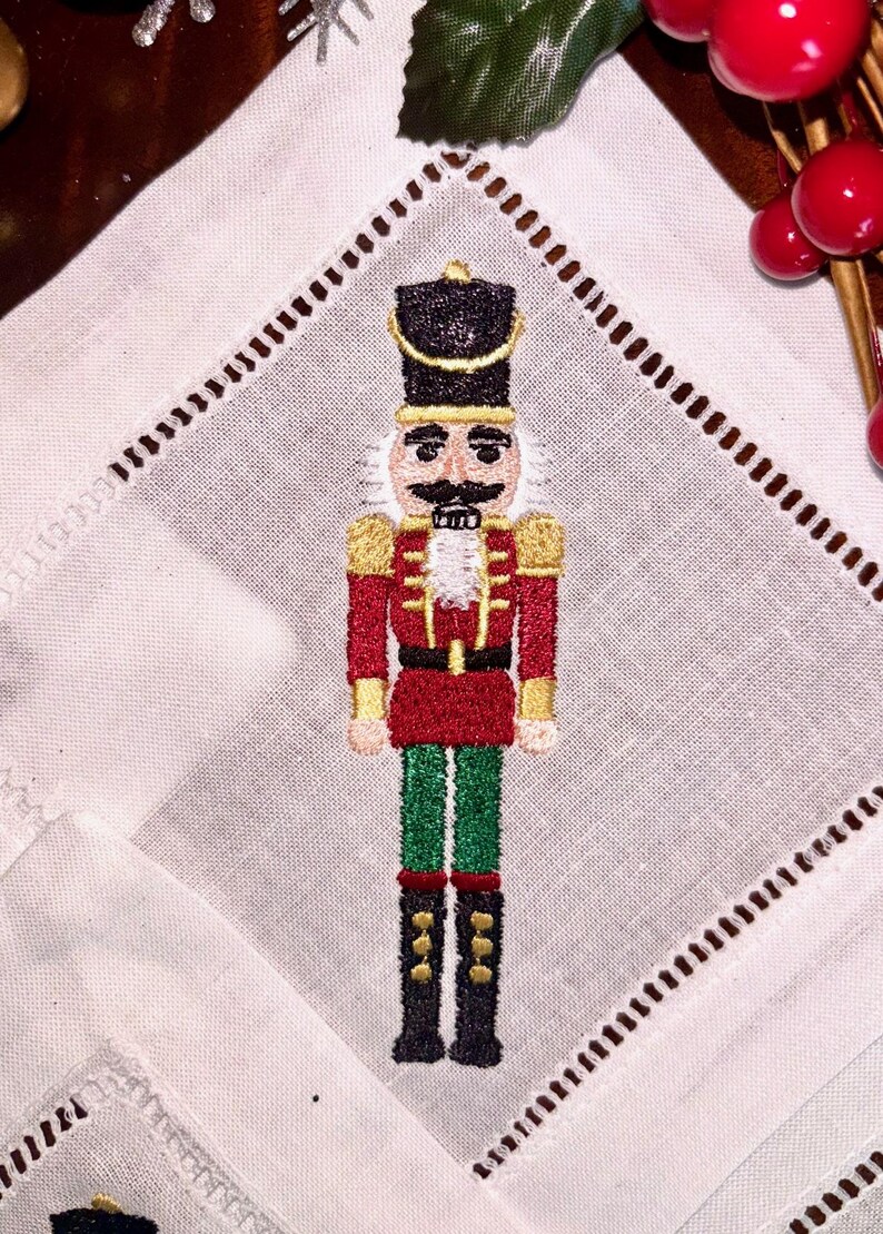 Classic Hem Stitched Nutcracker Embroidered Cocktail Napkins