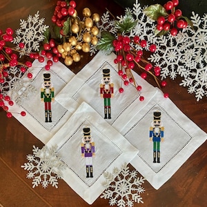 Beautiful Classic Hem Stitched White Linen Nutcracker Embroidered Cocktail Napkins Set or 4