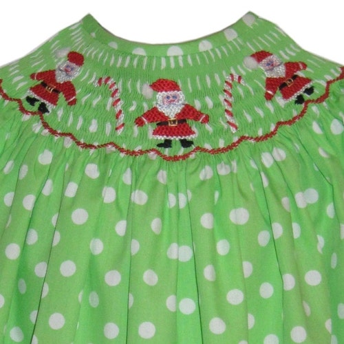 Petit Bebe Girls Green Gingham Smocked Santa Dress Long Sleeved main image 1