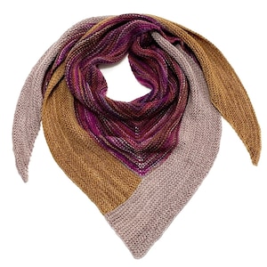 May include: A triangular knitted shawl with a purple, brown, and gray color gradient. The shawl is made of a soft, textured yarn.