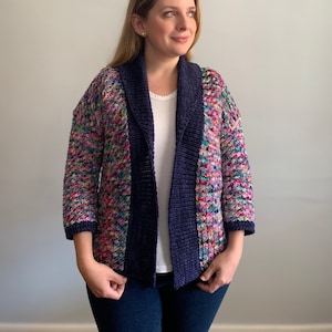 Fireworks Cardi Knitting Pattern - XS-XXXL adult size cardigan in a star stitch with worsted weight yarn 3/4 sleeves and a shawl collar.
