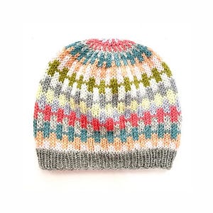 May include: A colorful knit beanie with a geometric pattern. The hat features a gray ribbed brim and a body with a repeating design in shades of pink, green, blue, orange, yellow, and white. The hat is a winter accessory.