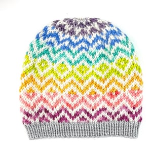 May include: A rainbow chevron knit hat with a grey brim. The hat is made with a variety of colours, including purple, blue, green, yellow, orange, pink, and red.