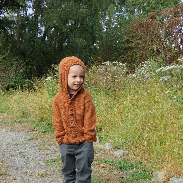 Ash Hoodie Cardigan Knitting Pattern - 12 month, 18 month, and 2 to 9 year-old sweater design with subtle texture  in worsted weight yarn