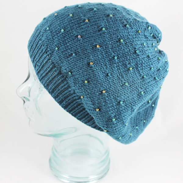 Starry Snood Hat Pattern - DK weight beaded slouch hat pattern for adults DIY knit beret toque