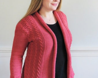 Laura Cardigan Knitting Pattern - Shawl collared cable knit open cardi sweater in worsted weight sized for adults XS through 5XL