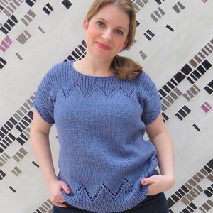 Echo Tee Knitting Pattern - XS through XXXL adult knit chevron pullover tee shirt with optional long sleeves in worsted weight yarn