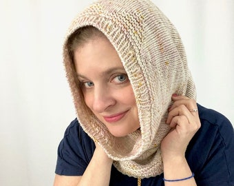 The Queen's Cowl - PDF knitting pattern for a worsted weight cowl hood with triangular motifs