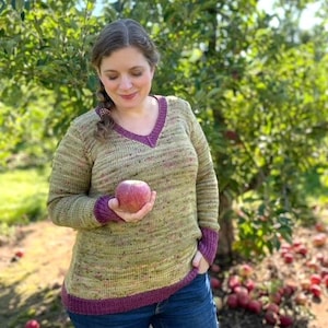 以下が含まれることがあります： 緑と紫の斑点のあるVネックのセーターを着た女性。セーターの裾には紫色のバンドが付いています。彼女は右手に赤いリンゴを持っています。彼女はリンゴの木と地面に落ちたリンゴのある果樹園に立っています。