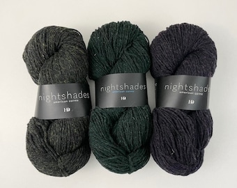 DESTASH - 3 full skeins of Harrisville Nightshades Cormo in worsted weight - 300 grams and 750 yards in street light, stiletto, vcr