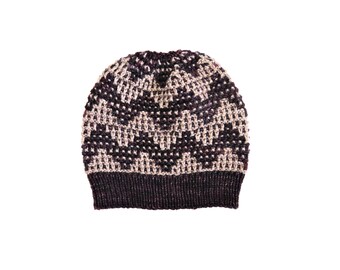 Check Mate Hat Pattern - Mosaic Knit Chevron beanie toque cap made in 2 colors of worsted weight yarn sized for adults