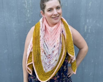 The Skein Attraction knit wrap PDF pattern - four sided fingering weight shawl using one or more colors.