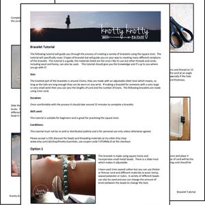 May include: A bracelet tutorial with instructions on how to make a square knot bracelet using 1mm waxed cotton cord. The tutorial includes a photo of a bracelet with metal beads and a slider knot. The tutorial also mentions that other materials can be used, such as wool, hemp, and nylon.