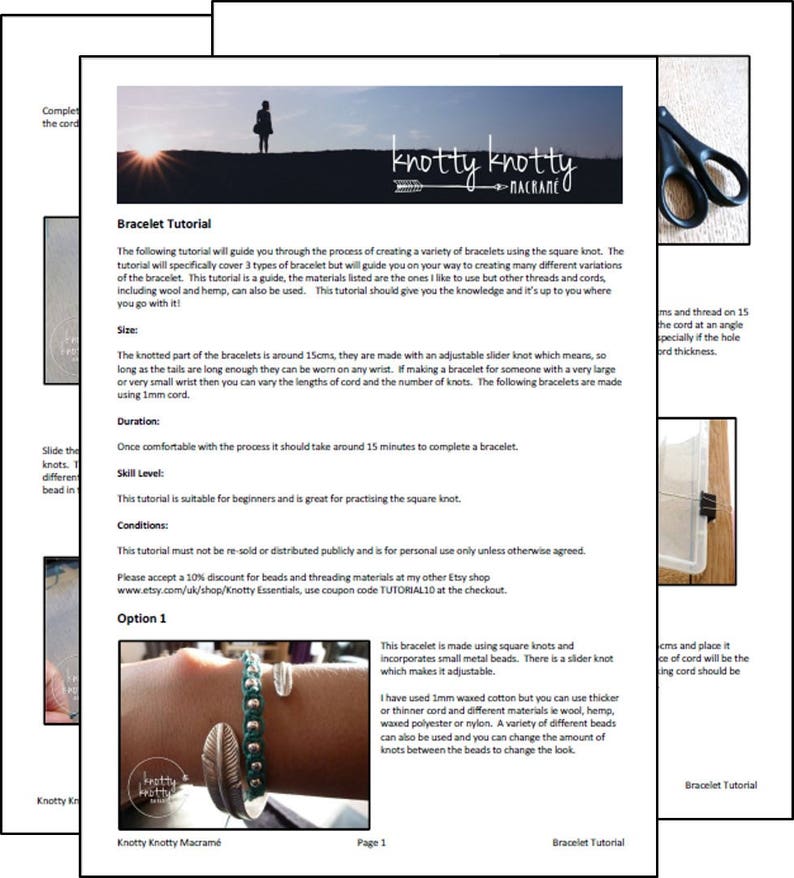 May include: A bracelet tutorial with instructions on how to make a square knot bracelet using 1mm waxed cotton cord. The tutorial includes a photo of a bracelet with metal beads and a slider knot. The tutorial also mentions that other materials can be used, such as wool, hemp, and nylon.
