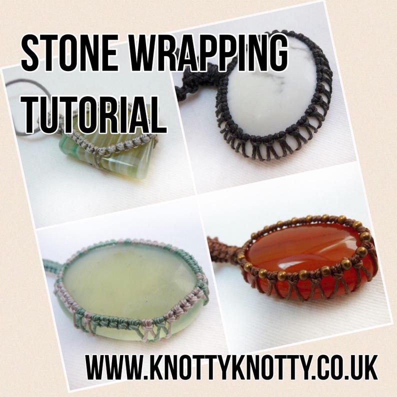 May include: A tutorial on how to wrap stones with cord. The image shows four different stones wrapped in cord, each with a different color and pattern. The stones are all oval shaped and the cord is wrapped around them in a tight, intricate pattern. The tutorial is available on the website www.knottyknotty.co.uk.