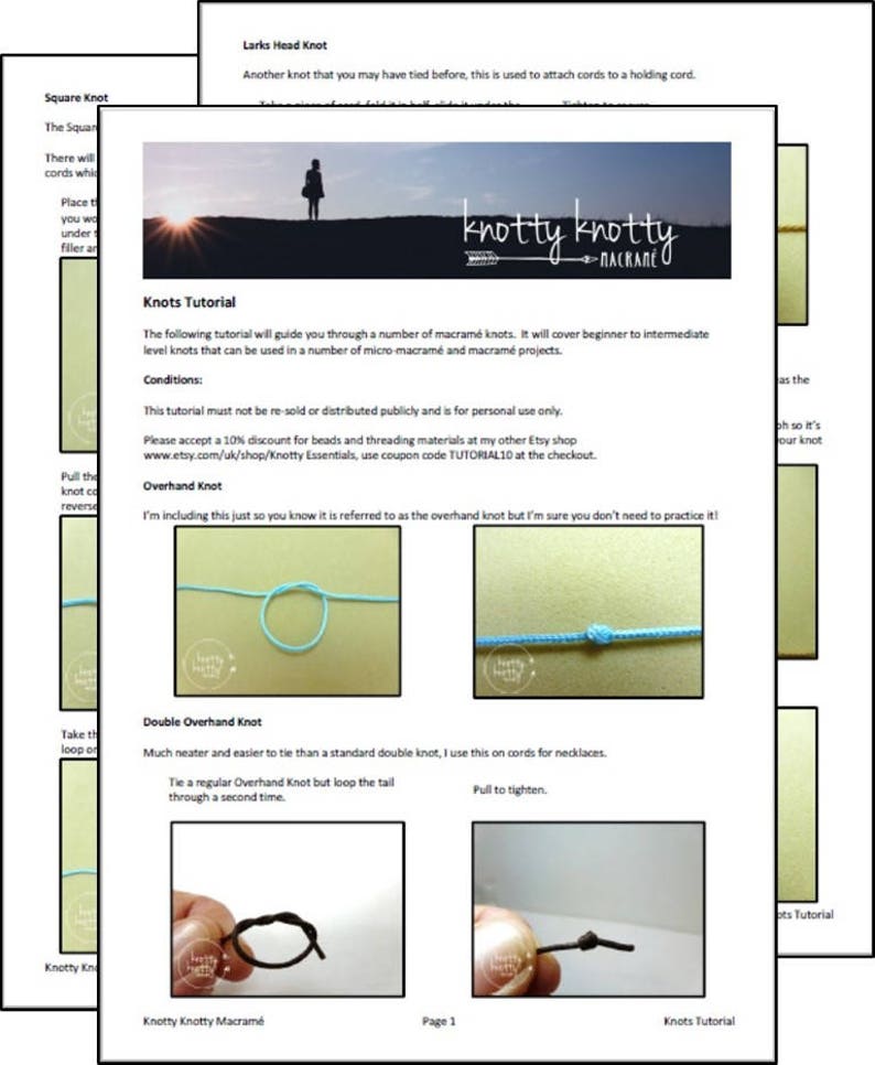 May include: A page from a macrame knot tutorial booklet with instructions for tying the overhand knot and the double overhand knot. The page includes a photo of each knot and a description of how to tie it. The booklet is titled "Knotty Knotty Macrame".