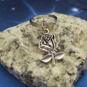 Rose Keychain - Silver Rose Keyring - Rose Gift UK - Rose Gift - I Love You - Floral Gift for Her - Silver Metal Flower - Flower Lover