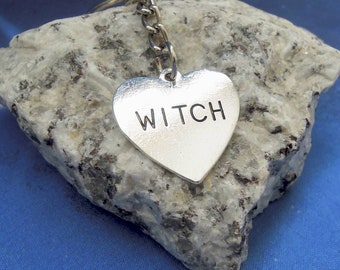 Witch Heart Keychain - Engraved Silver Heart Keyring -| Witchy Gift - Pagan Wiccan Accessory - Gothic Witch Lover Gift