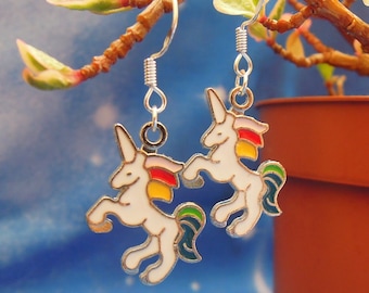 Unicorn Earrings - Rainbow Unicorn - Silver Unicorn Earrings - Small Unicorn Charm Earrings
