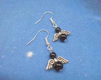 Angel Earrings - Black Tourmaline Earrings - Black Tourmaline Angel - Guardian Angel