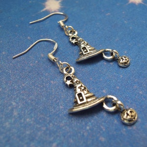 Witch Hat Earrings - Witch Hat & Pumpkin Earrings - Sorcerer Apprentice - Witchcraft Themed Jewellery - Sterling Silver Dangle Earrings