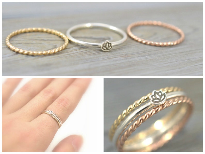 Rose gold skinny stacks Zen Reiki gift Lotus flower ring Tri-color narrow rings Gold narrow Rings Yoga jewelry Dainty Lotus stacks