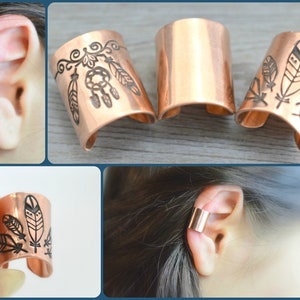 Extra wide copper ear cuff, Feather Ear Cuff, Gypsy Navajo Tribe, Boho Cartilage Cuff, Faux Non Piercing, Pure Copper cuff, Hippie ear clip