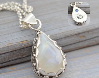 Reiki Rainbow Moonstone Pendant | Cho-Ku-Rei Symbol necklace | Handmade Sterling Silver Gemstone Jewelry