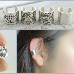 Zen ear cuff, Extra WIDE, 100% Handmade, Lotus ear cuff, Zen Yoga Reiki gift, Mandala earring, Non piercing, Boho cartilage cuff, 925 silver image 1