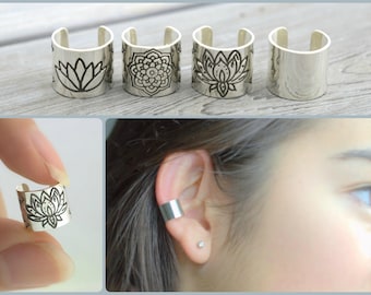 Wide Silver Cartilage Cuff | Unisex Lotus Zen Mandala Jewelry | Non-Piercing earrings | Mindful Body accessory