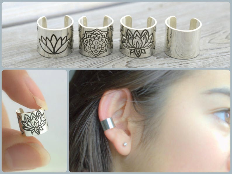 Zen ear cuff, Extra WIDE, 100% Handmade, Lotus ear cuff, Zen Yoga Reiki gift, Mandala earring, Non piercing, Boho cartilage cuff, 925 silver image 1