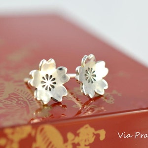 Sakura earrings, 100% Handmade, Cherry blossom studs, Cherry blossoms earrings, Japanese Sakura jewelry, Mom Her gift, Solid sterling silver image 1