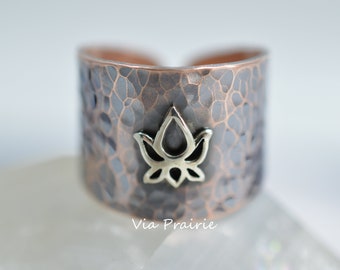 Copper wide ring, Arthritis ring, Silver Lotus Ring, Knuckle Enlargement healing, Lotus flower ring, Pure Copper ring, Natural Energy ring