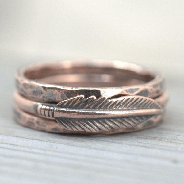 Gypsy Feather ring, 100% COPPER Feather ring, Rustic Feather ring, Rustic copper jewelry, Boho tribe gift, Stackable Ring, Solid Copper ring