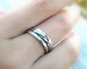 Conjunto de 3 anillos apilables, pilas de plata, anillos apilables de nudillos midi, anillo retorcido de plata, anillo martillado de plata, anillos antiguos gitanos Boho