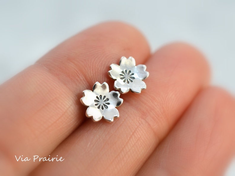 Sakura earrings, 100% Handmade, Cherry blossom studs, Cherry blossoms earrings, Japanese Sakura jewelry, Mom Her gift, Solid sterling silver image 3