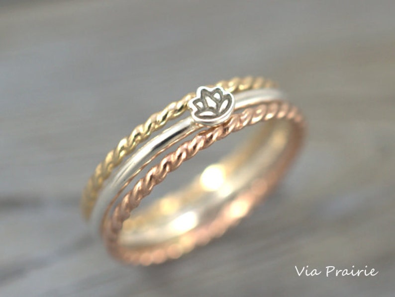 Rose gold skinny stacks Zen Reiki gift Lotus flower ring Tri-color narrow rings Gold narrow Rings Yoga jewelry Dainty Lotus stacks