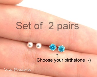 Set of 2 Pairs studs, Birthstone studs, gift for her, Set of TWO pairs, Gemstone studs, Birthstone earrings, 925 silver studs, Ready to ship