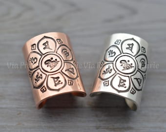 Extra Wide Om Mani Padme Hum Ear Cuff | Handmade Copper / Sterling Silver Spiritual Talisman | Men's Unisex | Faux Non Piercing