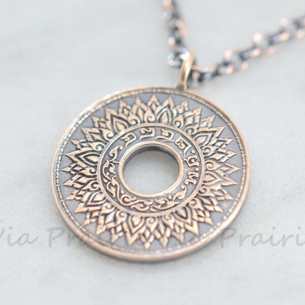 Mandala necklace, No punched hole, Lotus pendant, Thailand coin pendant, Antique Coin jewelry, Zen Yoga Boho Gypsy, Vintage coin pendant