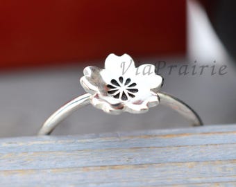 Sakura Layering Set of 3 Rings | Handmade Japanese Cherry Blossom Signet | Solid Sterling Silver Jewelry