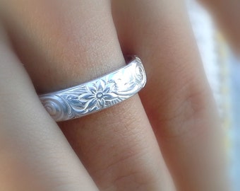 Hawaiian ring, Hawaiian jewelry, Wedding band, Hawaiian flower ring , Wide silver band, Hawaiian pair ring, 925 handmade ring, Solid silver