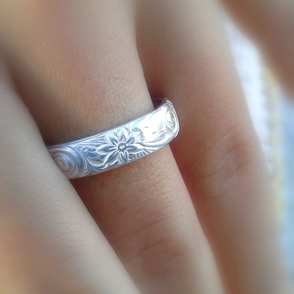 Hawaiian ring, Hawaiian jewelry, Wedding band, Hawaiian flower ring , Wide silver band, Hawaiian pair ring, 925 handmade ring, Solid silver