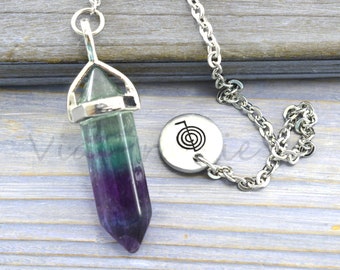 Reiki Rainbow Fluorite Pendulum with Hand-Engraved Cho-Ku-Rei Disc | Clairvoyance & Divination Tool, Energy Dowsing