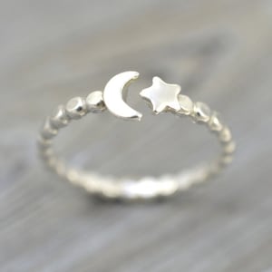 Maan en sterring, maanring, sterring, maanster-sieraden, maansieraden, maansikkel, 100% handgemaakt, massief 925 sterlingzilveren ring