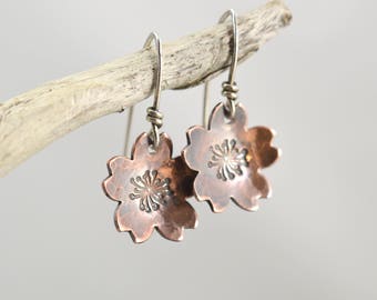 Sakura flower earrings, Sakura blossom, Cherry blossom dangles, Drop Earrings, Japanese jewelry, Cherry Blossoms, Copper, Sterling silver