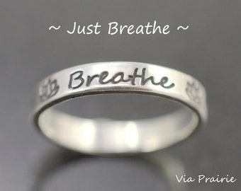 Sterling Silver "Breathe" Ring with Lotus Symbols | Yoga Meditation Band | Handmade