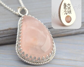 Reiki Rose Quartz Pendant | Dai-Ko-Myo and Hon-Sha-Ze-Sho-Nen Symbols Charm | Sterling Silver Talisman Necklace