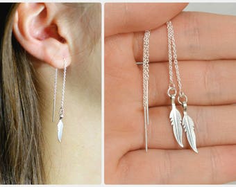 Feather threaders, Threader Earrings, Feather jewelry, Pull-through earrings, Feather earrings, Silver thread earrings, Solid 925 silver