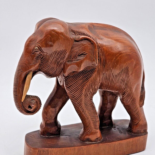 Vintage Teak Wood Hand Carved Elephant w/ Rolled Trunk & Tusks Signed